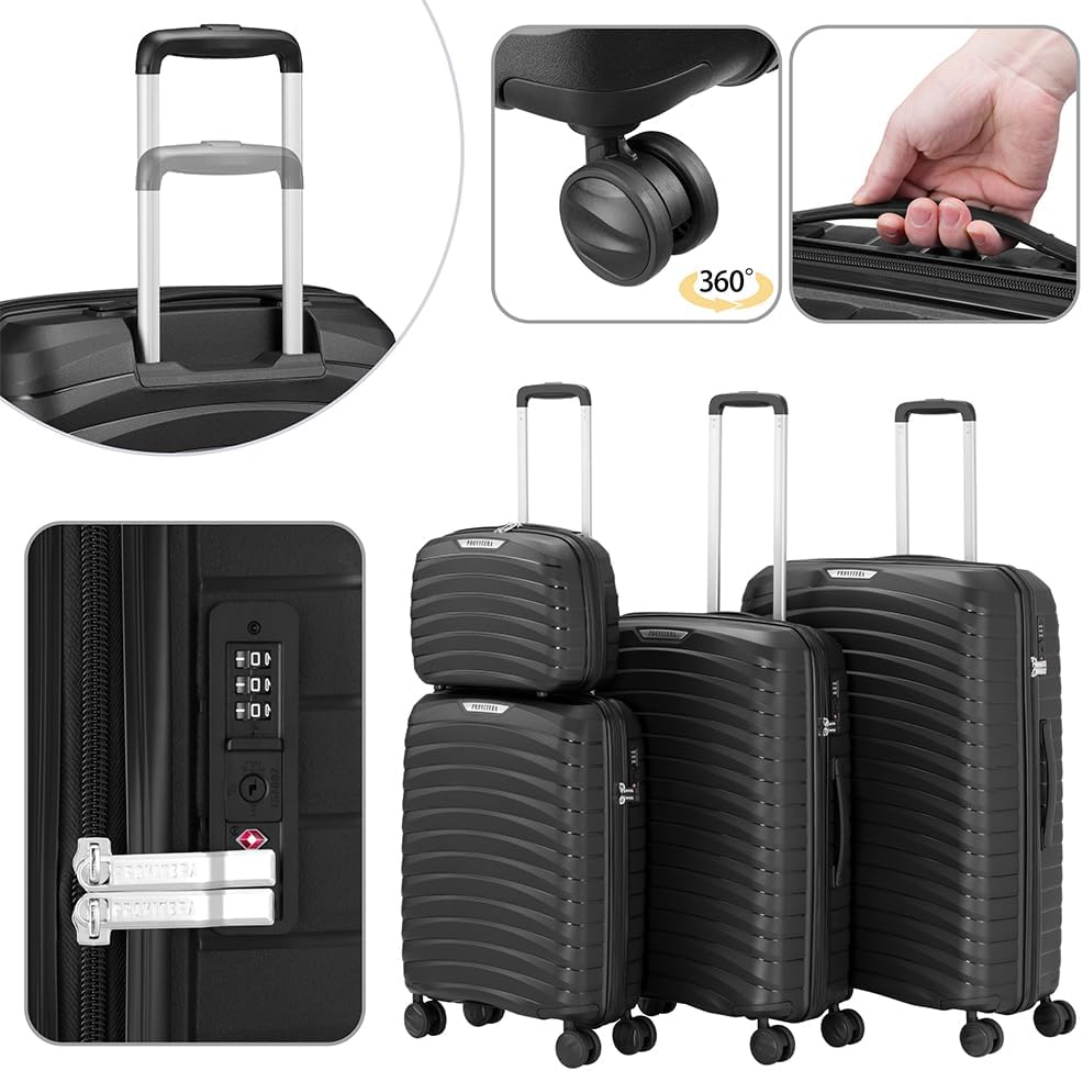 Set of 4 Hard Suitcases with Ultra Shock Resistant Polypropylene Beauty Case, Telescopic Handle Trolley and Easy Roll Wheels, Reinforced Code Lock and Modern Design, Black, 78 × 52,5 × 29,5