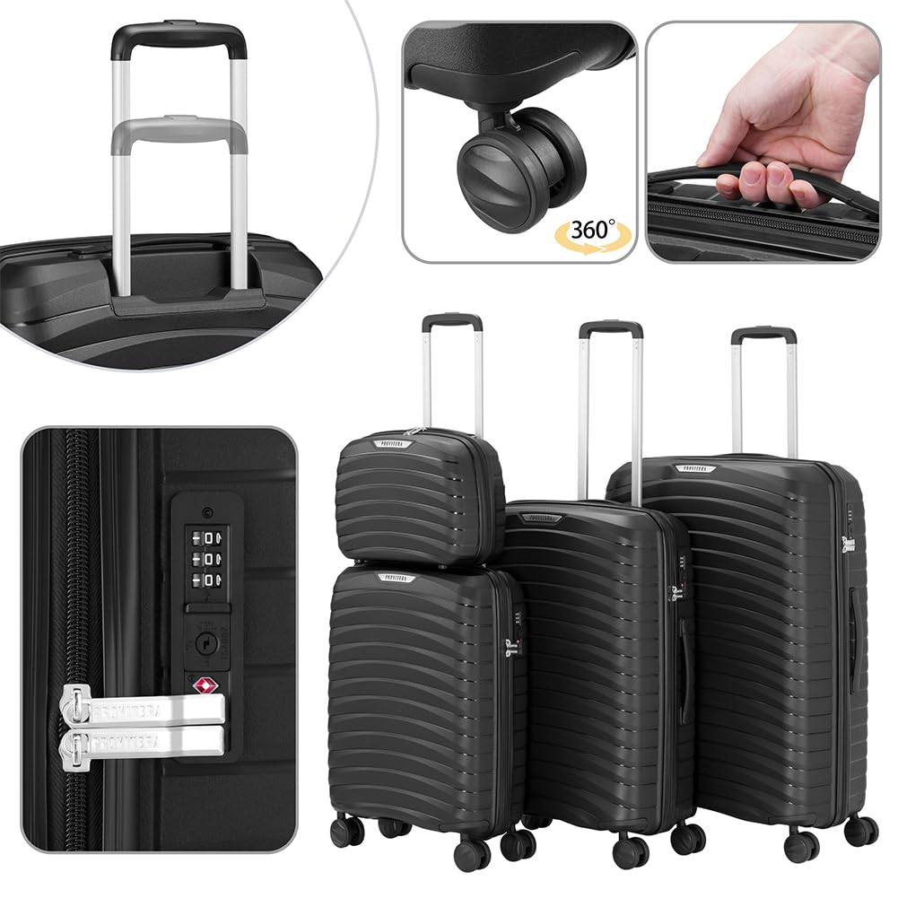 Set of 4 Hard Suitcases with Ultra Shock Resistant Polypropylene Beauty Case, Telescopic Handle Trolley and Easy Roll Wheels, Reinforced Code Lock and Modern Design, Black, 78 × 52,5 × 29,5