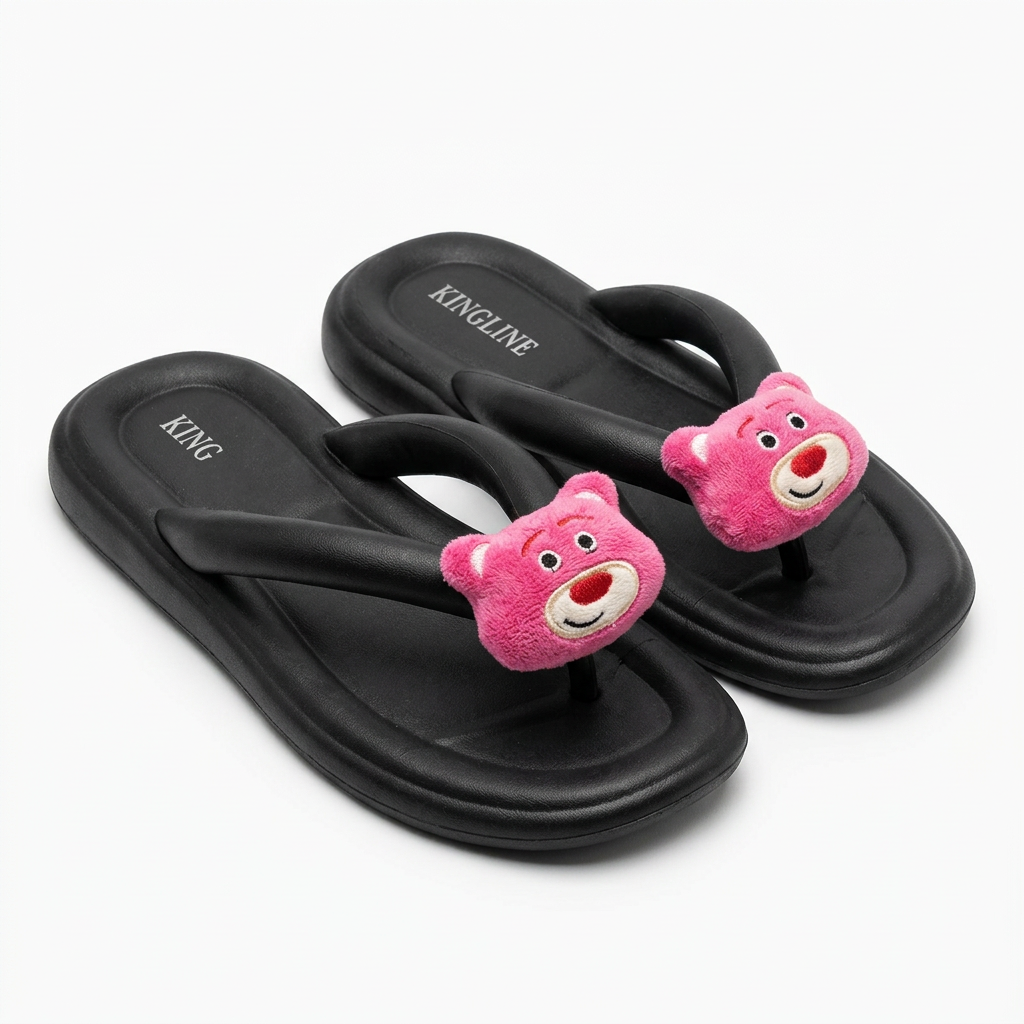 KINGLINE Black Lotso Bear Flip-Flops for Women