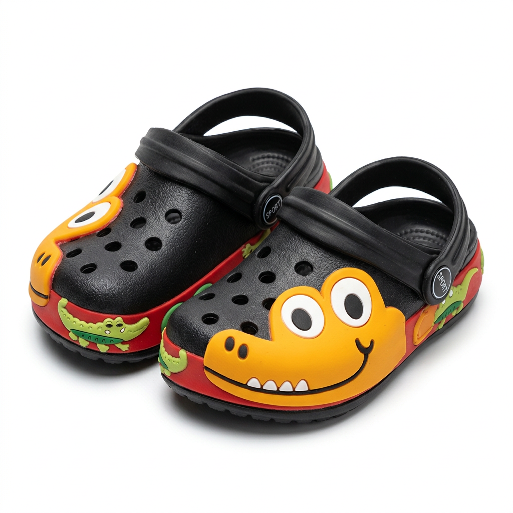 Clogs Kids' Classic Black  with Cute Yellow Cartoon Crocodile Design