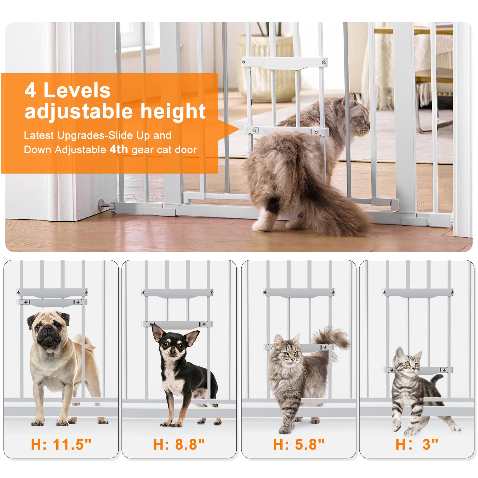 Tiovo adjustable 73CM-104CM, 75cm Tall Baby Gate for Stairs with Cat Door, Pet Gate with Cat Door Cat Gate, Dog Gate with Cat Door for Doorways Indoors Auto Close, Safety Child Gate with Wide Walk Thru Pressure Mounted