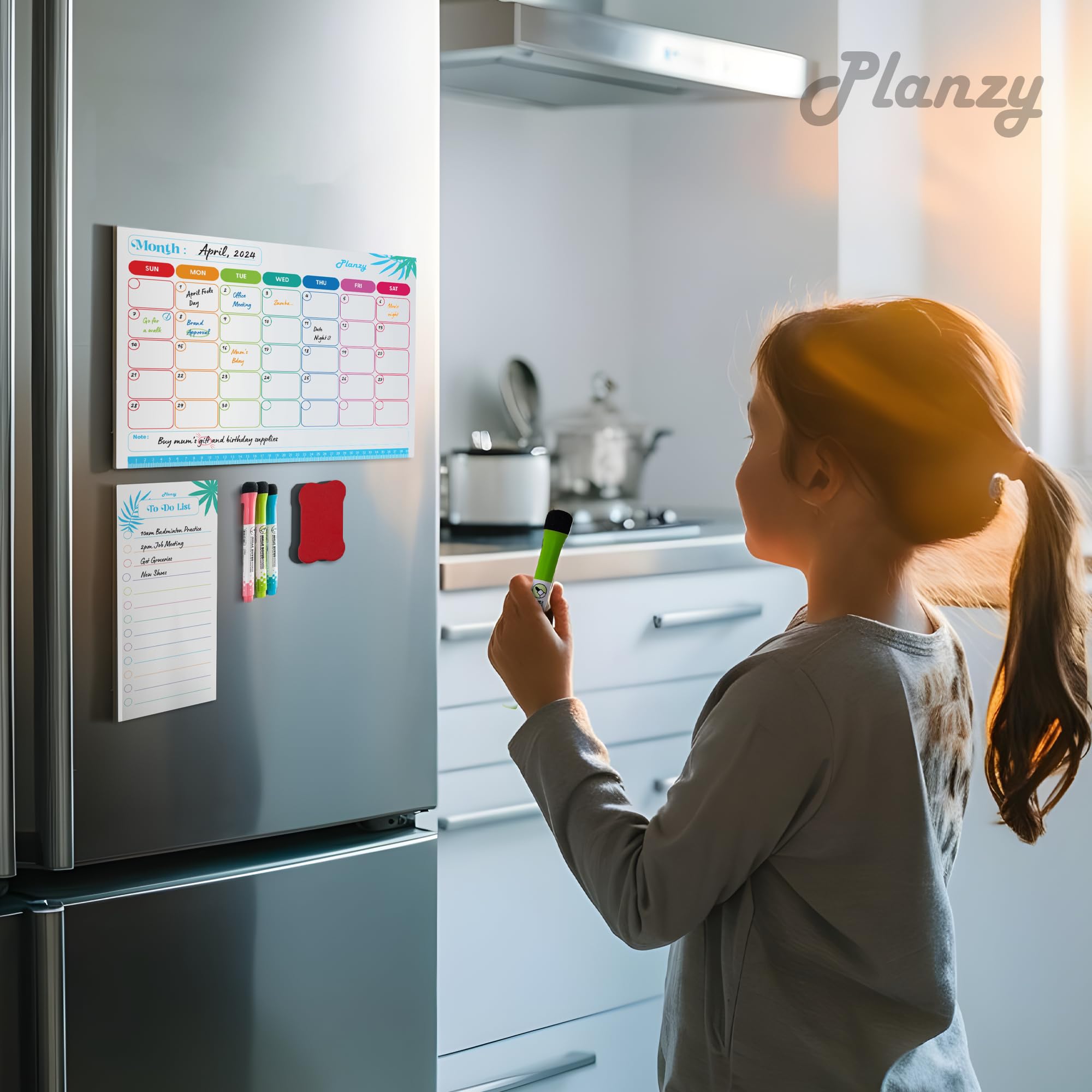 Planzy Magnetic Calendar for Fridge Ã¢â‚¬â€œ Premium 42x32 cm Fridge Calendar Dry Erase with Extra-Thick Magnetic Surface Ã¢â‚¬â€œ 1 Monthly, 1 to Do, 5 Fine Tip Markers & 1 Eraser Included