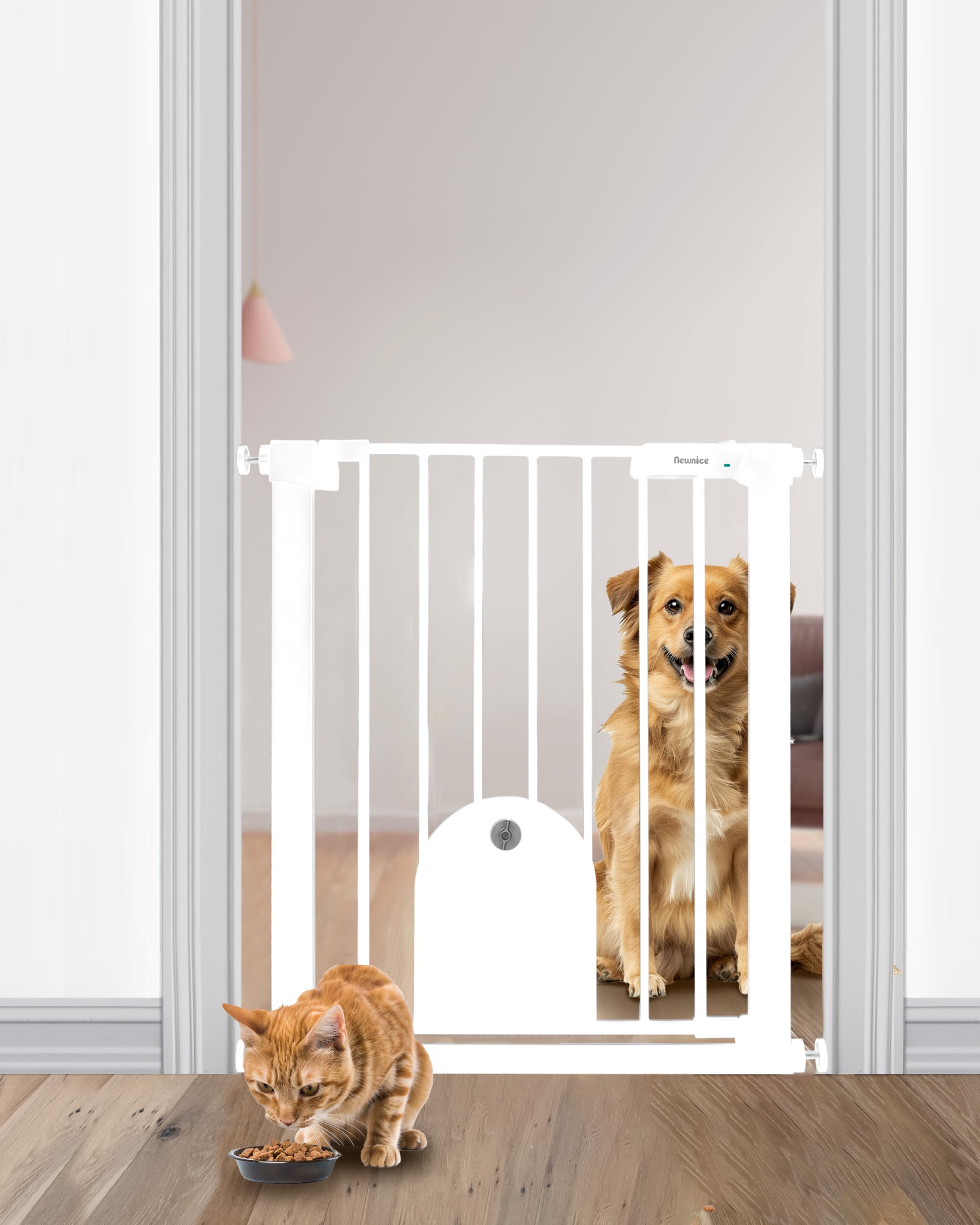 Newnice 26-29'' Narrow Baby Gate with Cat Door, Auto Close & Easy Walk Thru Dog Pet Gates for Stairs, Doorway, House, Pressure Mounted Safety Child Gate Includes 4 Wall Cups, White