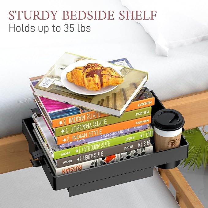 SOLEJAZZ Bedside Shelf for Bed, Foldable Bunk Bed Shelf for Top Bunk Clip On Nightstand with Drawer, Hook, Cup & Cord Holder College Dorm Room Essential Table Caddy Tray Organizer Bedroom Shelf, Black