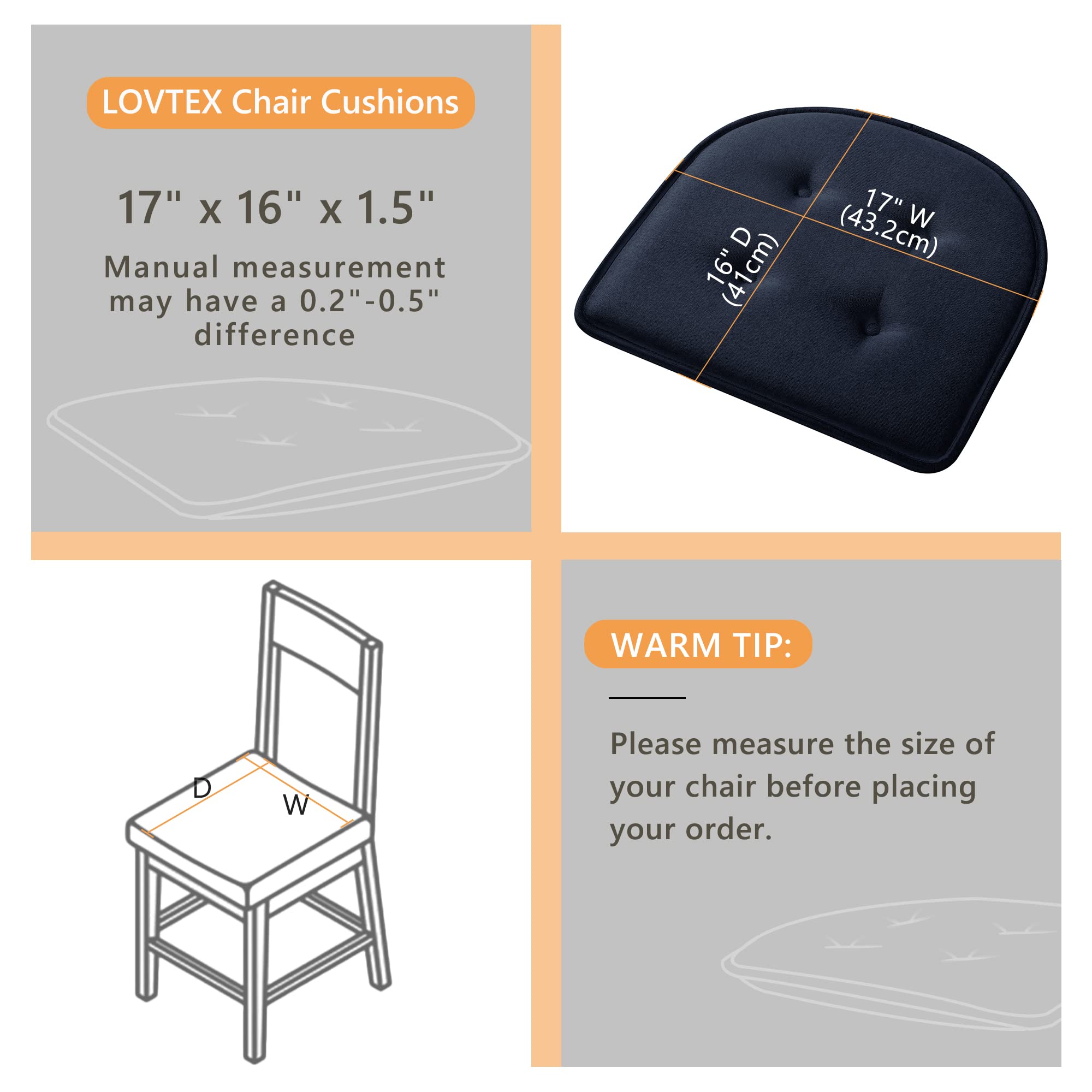 LOVTEX Chair Cushions for Dining Chairs 3 Pack, Non Slip Seat Cushions for Kitchen Chairs, Navy 17 x 16 Tufted Memory Foam Kitchen Chair Cushions Set of 6