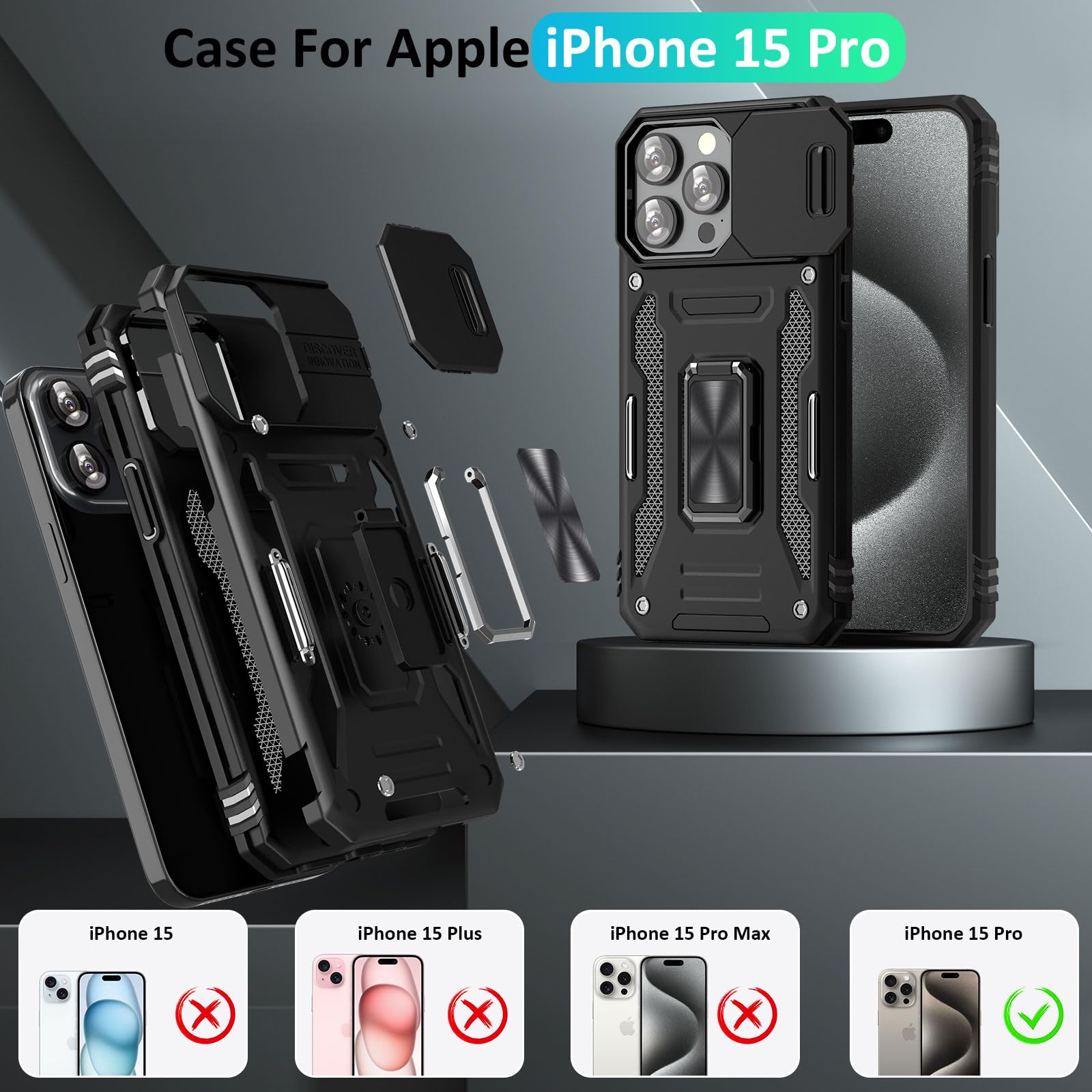 UKLCCU Case for iPhone 15 Pro Phone Case iPhone 15 Pro Case for Men Heavy Duty Armor Case with Slide Camera Cover, with Kickstand and Ring for iPhone 15 Pro - Black