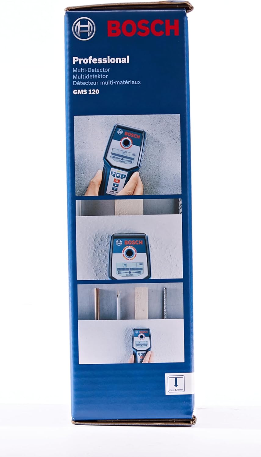 Bosch Professional Stud Finder GMS 120 (Drill Hole Marker, max. Detection Depth Wood/Magnetic Metal/Non-Magnetic Metal/Live Cable: 38/120/80/50 mm, in Cardboard Box)