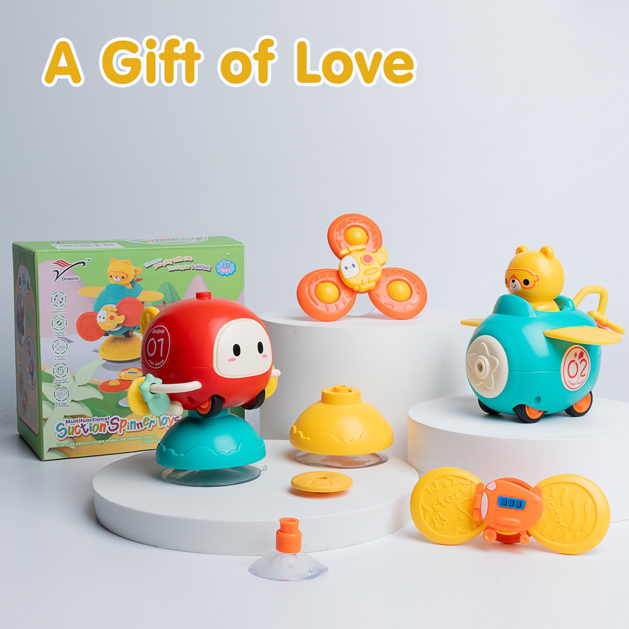 Dowellin 3-in-1 Spinner Toys High Chair Toy Table Toys for Kids, Car Toys and Helicopter Push Pull Toys Sucker Suction Toys for Child, Spinner Bath Toys for Baby Toddlers Infant 1 2 3 Years