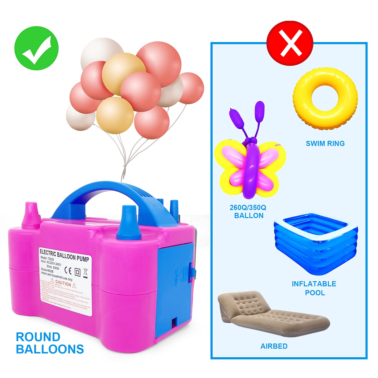 NULINK Electric Balloon Pump, Dual Nozzle Portable Balloons Air Pump for Balloon Arch, Balloon Garland, Party Decorations, Kids Birthday, Baby Shower, Party Supplies & Decorations, Pink
