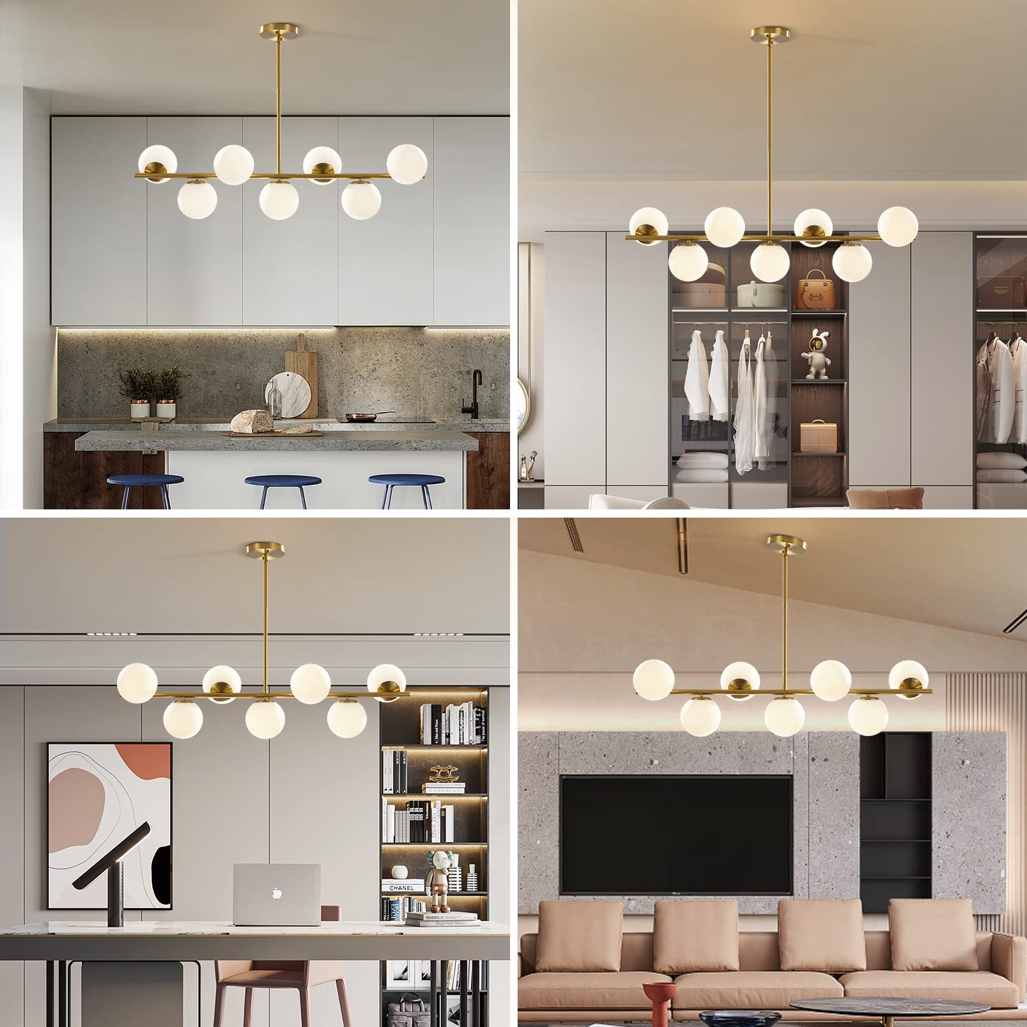 KCO Lighting Modern Brass Linear Chandelier Pendant Light, Gold and White