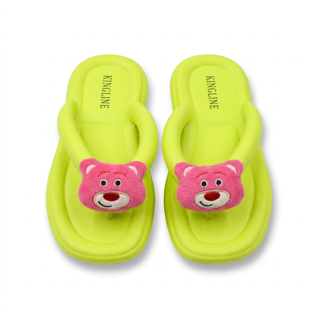 KINGLINE Neon Green Lotso Bear Flip-Flops for Women