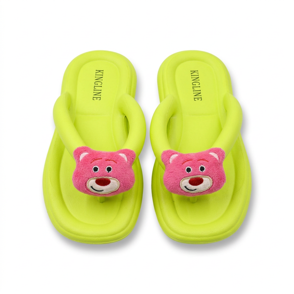 KINGLINE Neon Green Lotso Bear Flip-Flops for Women