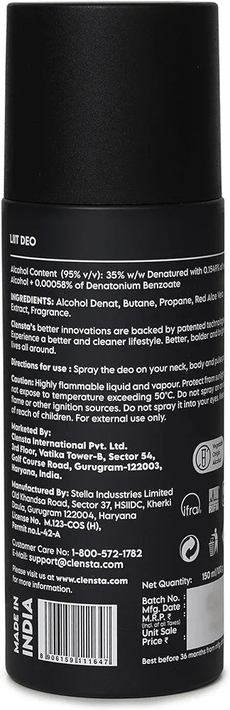 Clensta Body Spray Liit Deodorant With Butane & Red Aloe Vera Extract For Long Lasting Perfume & All-Day Freshness For Men & Women 150 ml