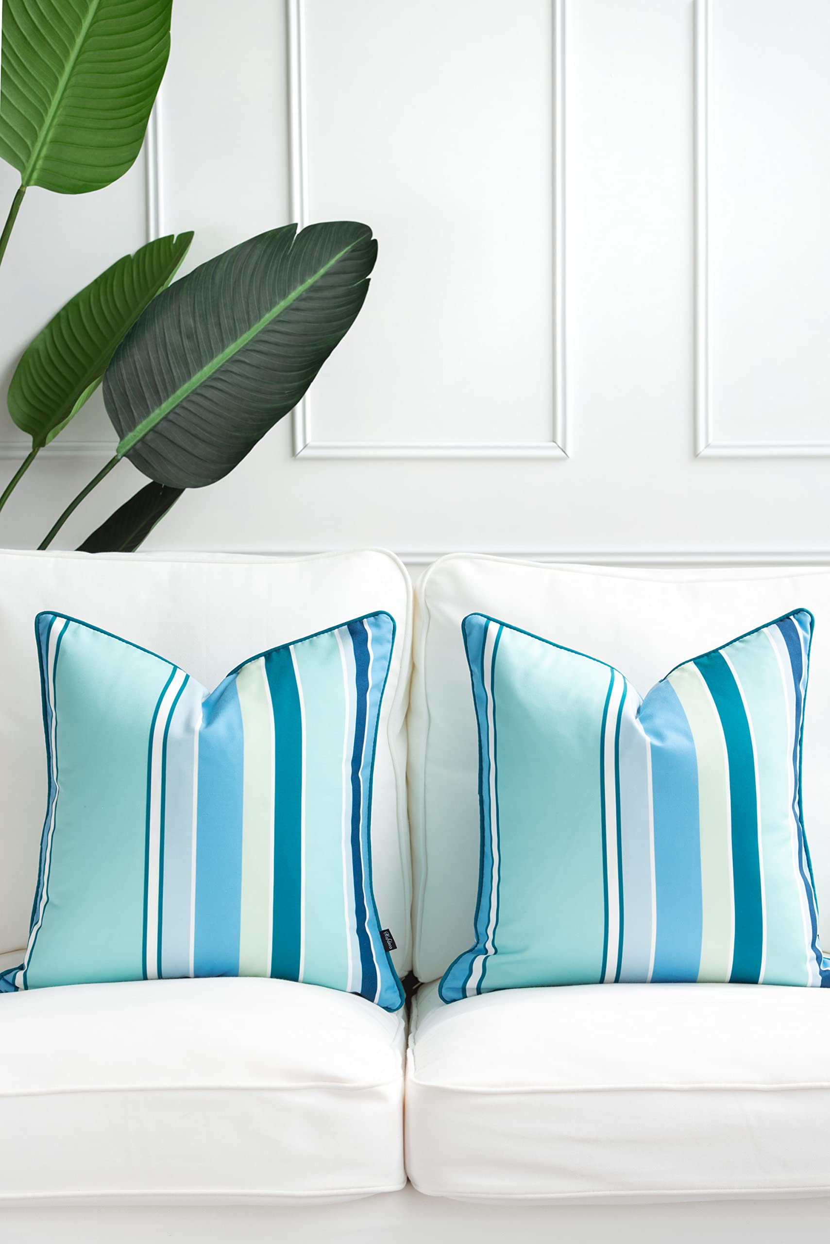 Hofdeco Porch Patio Indoor Outdoor Lumbar Pillow Cover ONLY for Backyard, Couch, Sofa, Aqua Rainbow Stripes, Set of 2