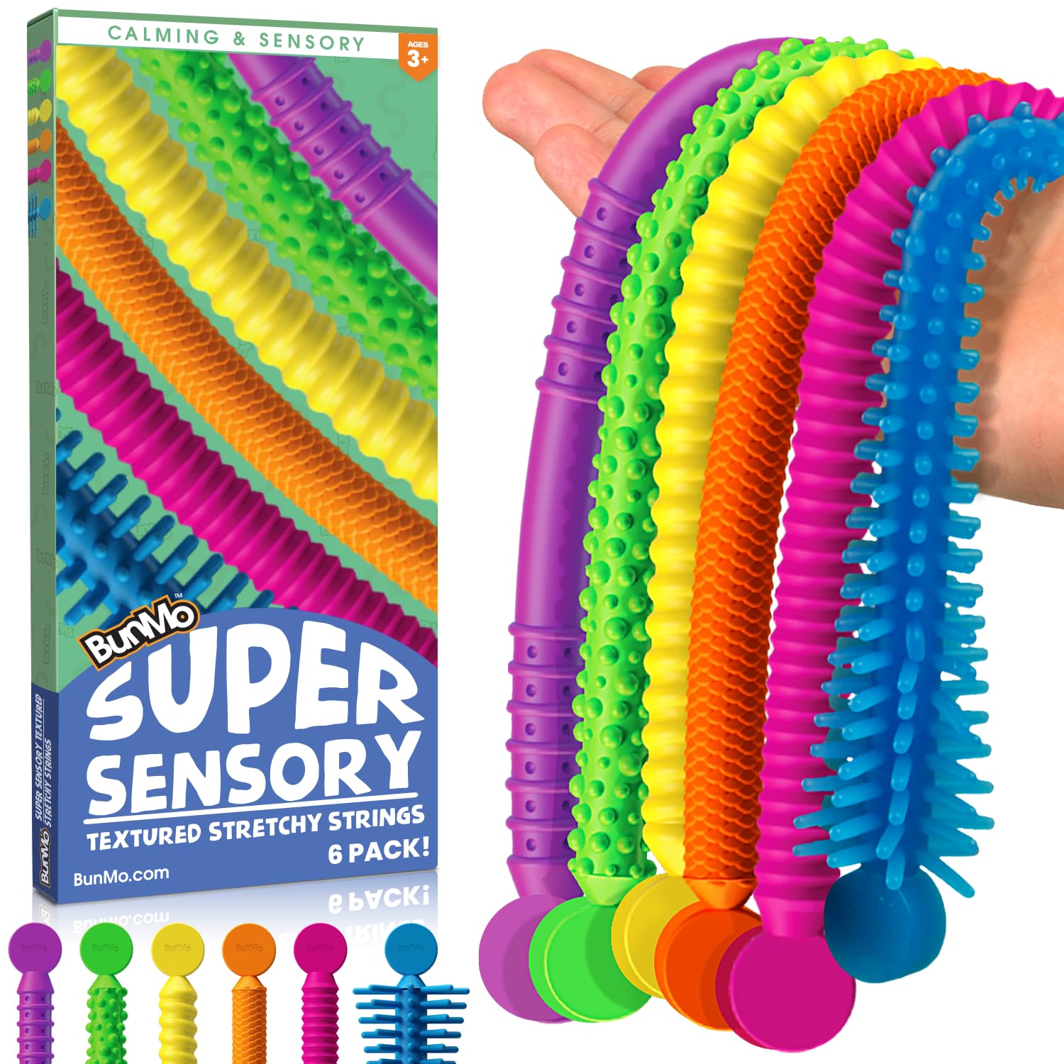 BUNMO Stretchy Strings - Sensory Toys for Toddlers 1-3 - Stimulating & Addictive Sensory Toys for Kids with Autism - Fidget Toy for Anxiety & Stress Relief - Hours of Fun for Kids - Super Sensory 6pk