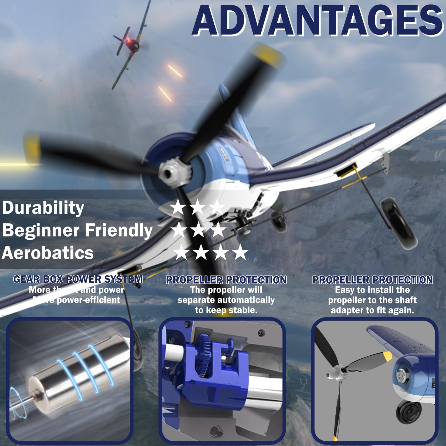 LEAMBE RC Plane 4 Channel Remote Controlled Aircraft Ready to Fly, One Key Aerobatic and One-Key U-Turn, Easy Control for Beginners, F4U Corsair RC Airplane Best Gift for Advanced Kids