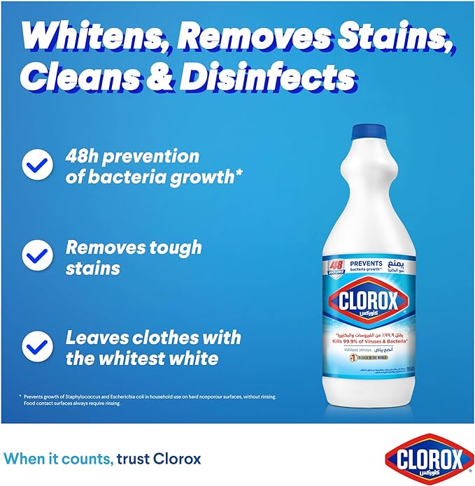 Clorox Liquid Bleach 950ml, Kills 99.9% of Viruses and Bacteria, 48 Hours Prevents Bacteria Growth, Removes Stains