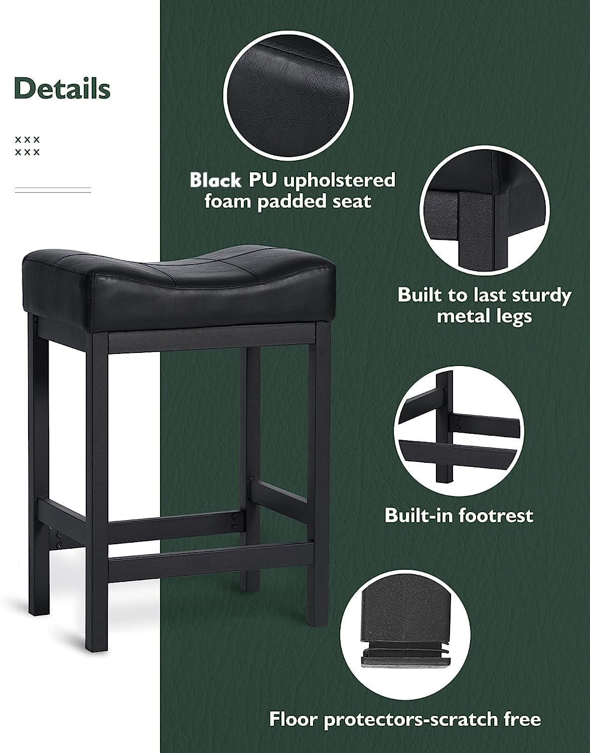 KATDANS Bar Stools Set of 2, 60 cm Counter Height Saddle Bar Stools, Black