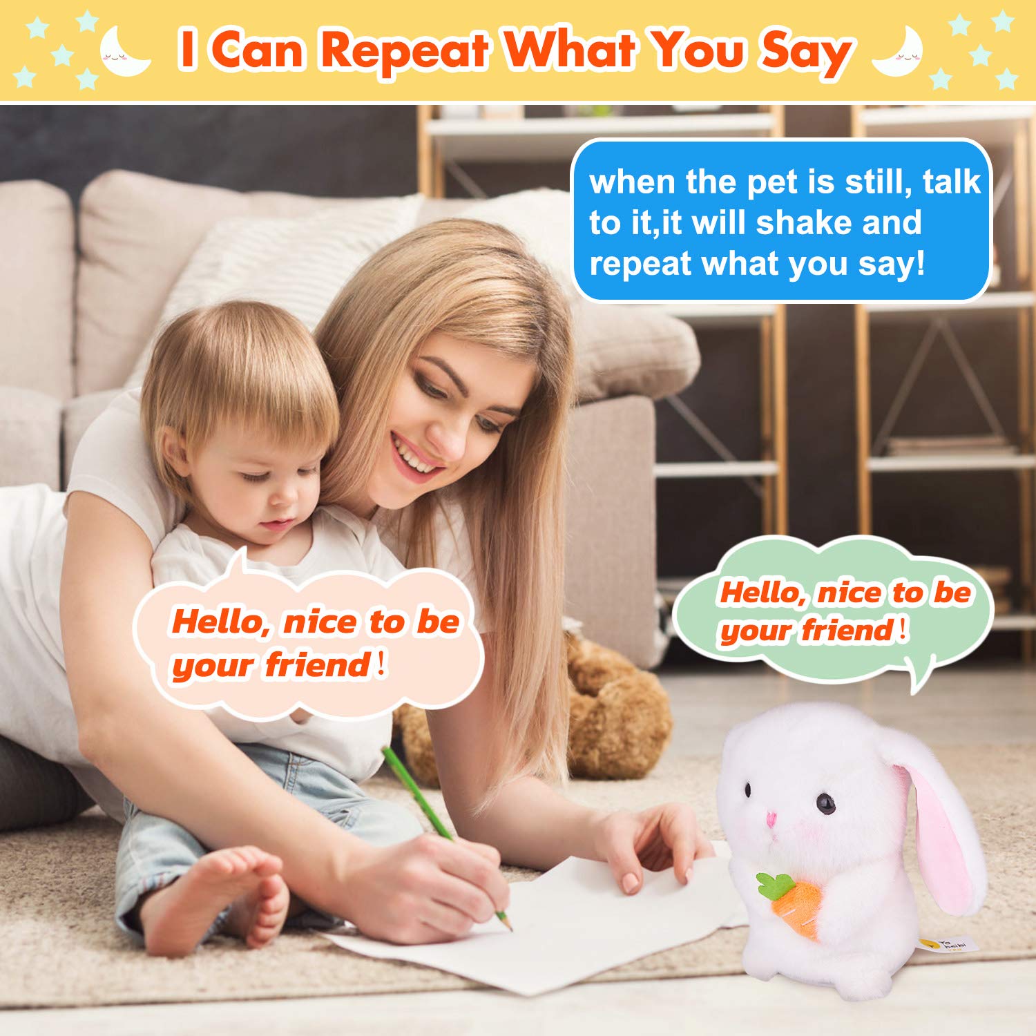 Marsjoy Easter Bunny Talking Robot - 6.3" Interactive Plush Toy, Repeats Your Words, Dances, and Shakes for Kids, Boys, Girls, and Babies