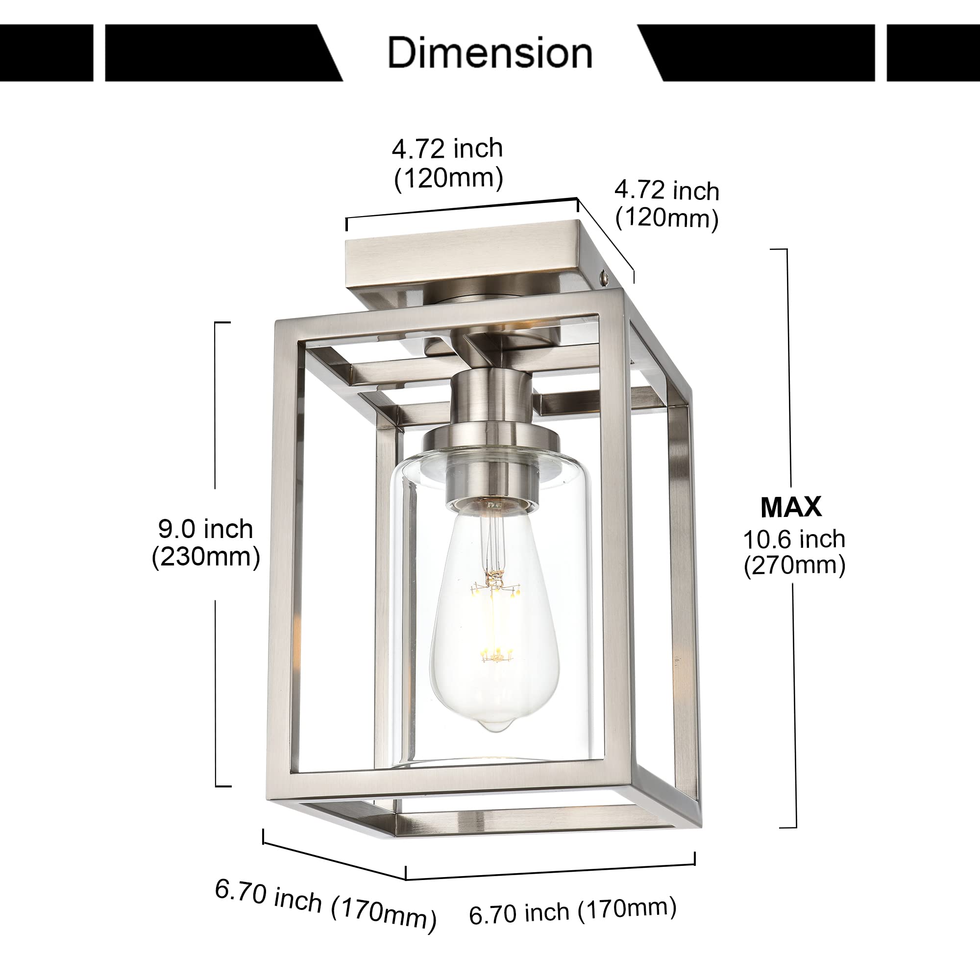 MELUCEE Semi Flush Mount Ceiling Light Brushed Nickel Finish, 1-Light Industrial Island Light Geometric Metal Cage Farmhouse Ceiling Light Fixture for Entryway Porch Bedroom Dining Room