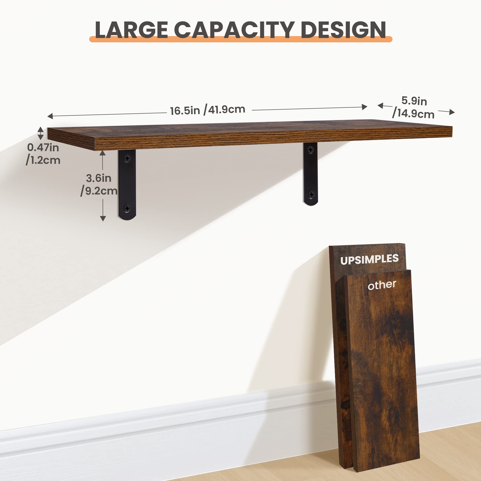 Upsimples Floating Shelves for Wall Decor Storage, Wall Mounted Shelves Set of 3, Sturdy Small Wood Shelves with Metal Brackets Hanging for Bedroom, Living Room, Bathroom, Kitchen, Book, Dark Brown