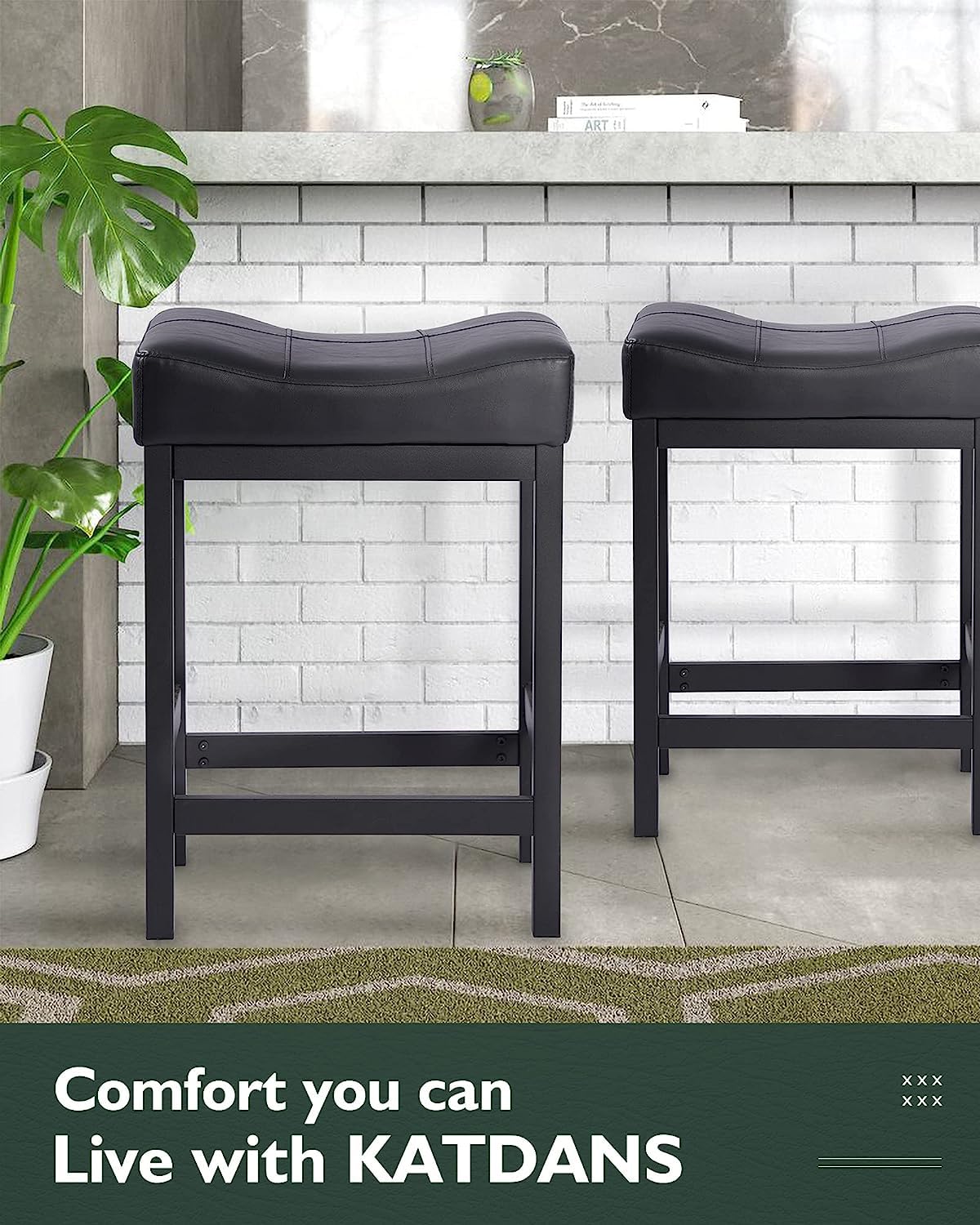 KATDANS Bar Stools Set of 2, 60 cm Counter Height Saddle Bar Stools, Black