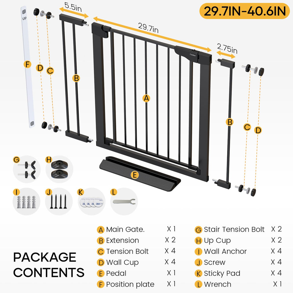 SIZE: 75-103 cm - Cumbor 36" Extra Tall Baby Gate for Dogs and Kids with Wide 2-Way Door, 29.7-40.6" Width, and Auto Close Personal Safety for Babies and Pets, Fits Doorways, Stairs, and Entryways