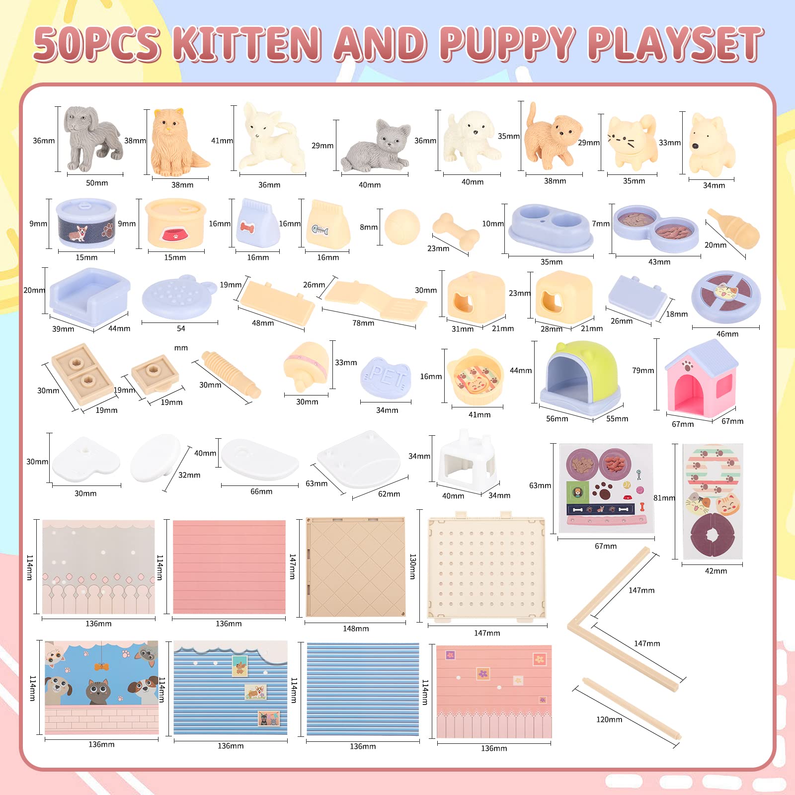 TQQFUN Pet Toys for Kids, STEM Toy 50 Pcs Cat and Dog Figures Playset, Pet Pretend Playset Toddlers Toys, Realistic Building Pet Care House, Educational Kitten Puppy Role Play for Boys and Girls