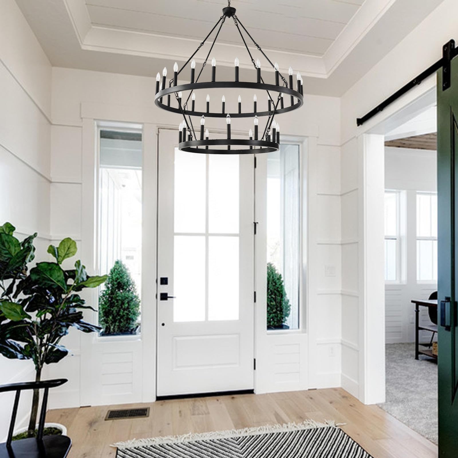 Black Farmhouse Chandelier, 36-Light Wagon Wheel Chandelier with Adjustable Height