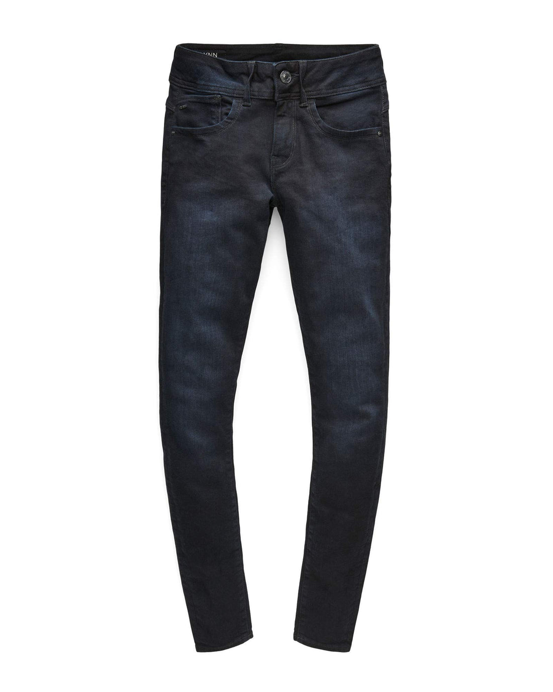 Front view of black skinny jeans with a zipper fly and five pockets against a white background.