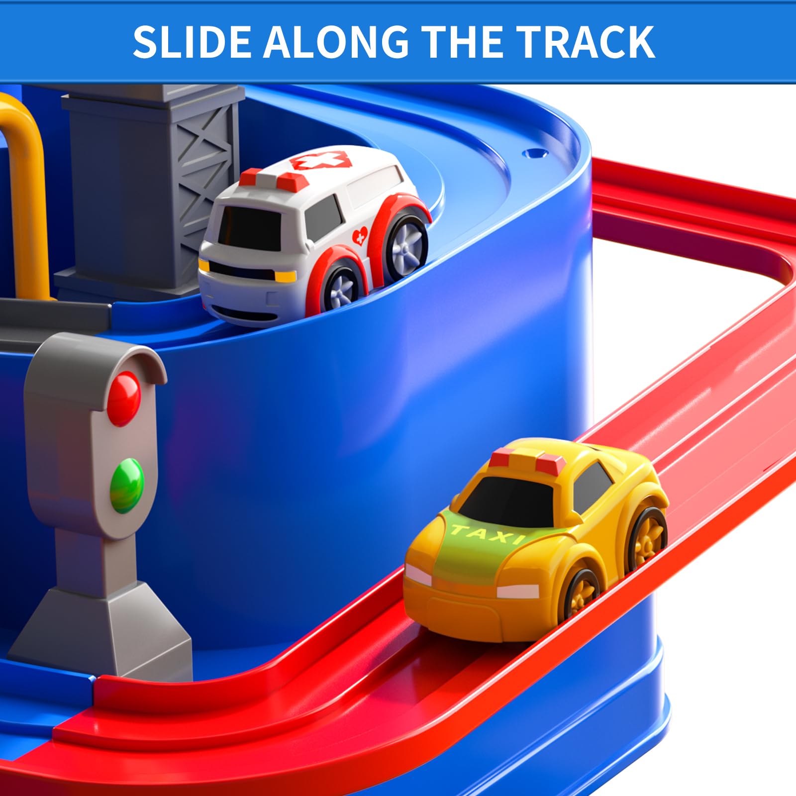 TEMI Kids Race Track Toys for Boy Car Adventure Toy for 3 4 5 6 7 Years Old Boys Girls, Puzzle Rail Car, City Rescue Playsets Magnet Toys w/ 3 Mini Cars, Preschool Educational Car Games Gift Toys