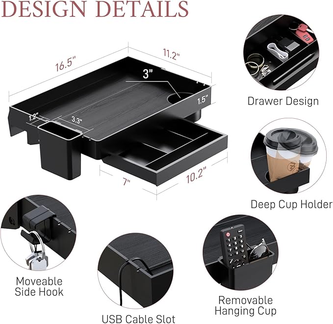 SOLEJAZZ Bedside Shelf for Bed, Foldable Bunk Bed Shelf for Top Bunk Clip On Nightstand with Drawer, Hook, Cup & Cord Holder College Dorm Room Essential Table Caddy Tray Organizer Bedroom Shelf, Black