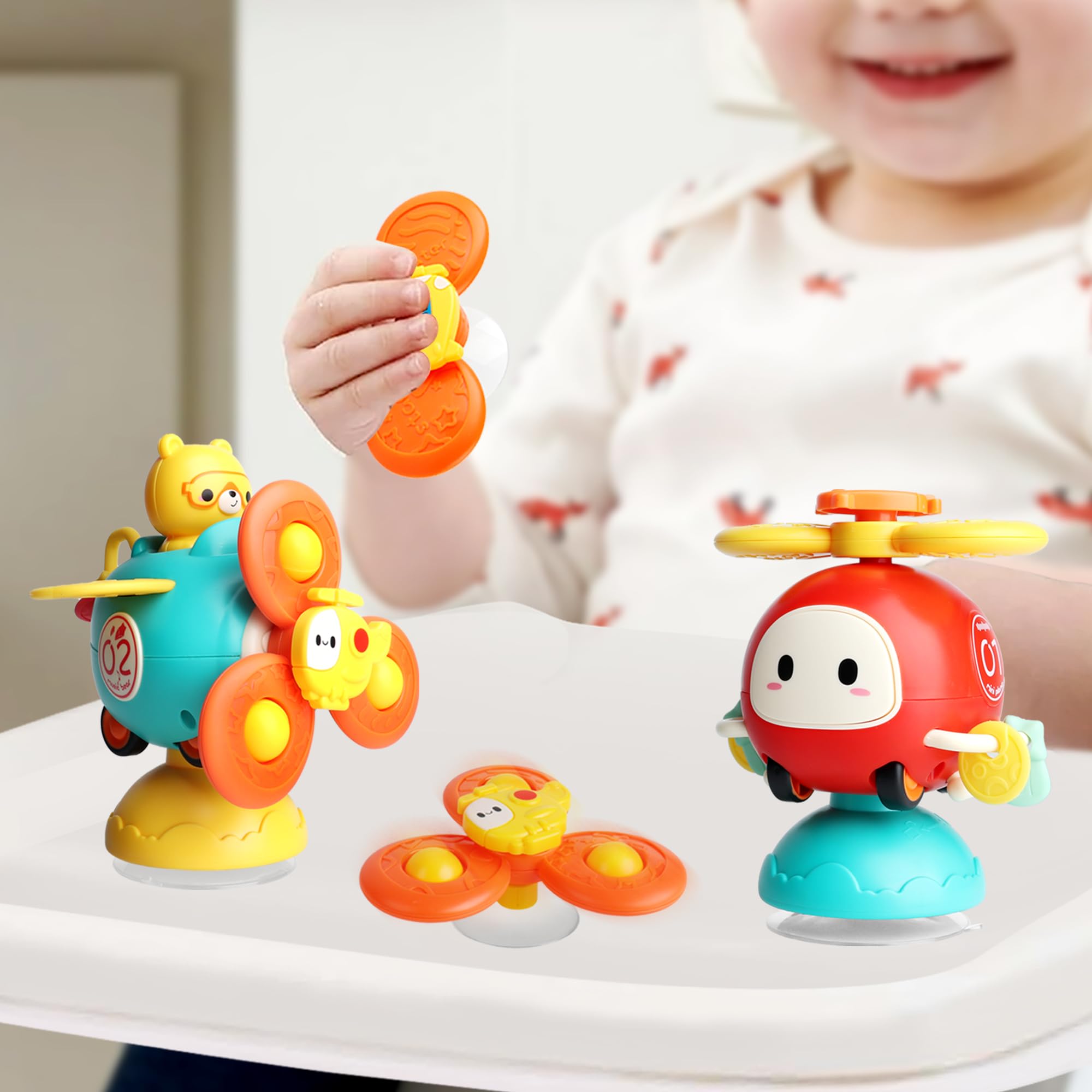 Dowellin 3-in-1 Spinner Toys High Chair Toy Table Toys for Kids, Car Toys and Helicopter Push Pull Toys Sucker Suction Toys for Child, Spinner Bath Toys for Baby Toddlers Infant 1 2 3 Years