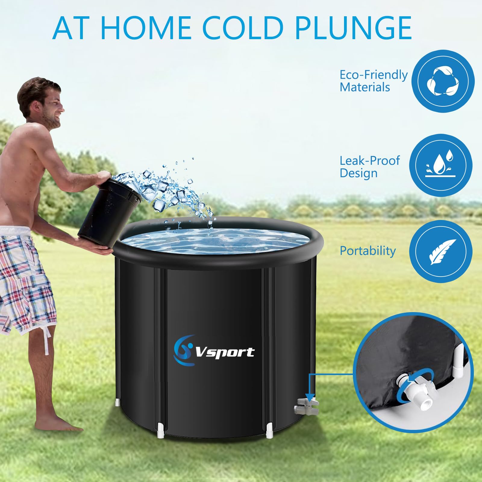 Vsport ice bath tub for athletes, Multi-Layer Portable cold Plunge Tub, Sport Recovery Cold Bath, Ice Bath Tubs cold pack, Foldable Cold Bath Tub with Cover，85 Gallon（model L：30”*30”*30”）