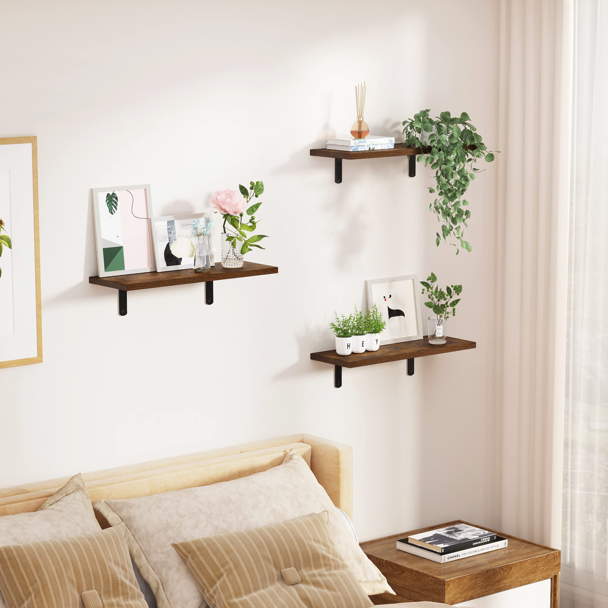 Upsimples Floating Shelves for Wall Decor Storage, Wall Mounted Shelves Set of 3, Sturdy Small Wood Shelves with Metal Brackets Hanging for Bedroom, Living Room, Bathroom, Kitchen, Book, Dark Brown