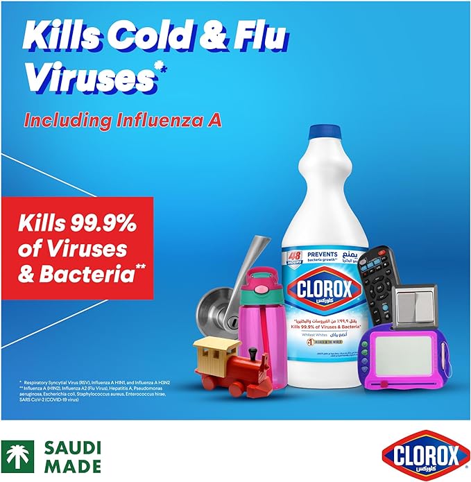 Clorox Liquid Bleach 950ml, Kills 99.9% of Viruses and Bacteria, 48 Hours Prevents Bacteria Growth, Removes Stains