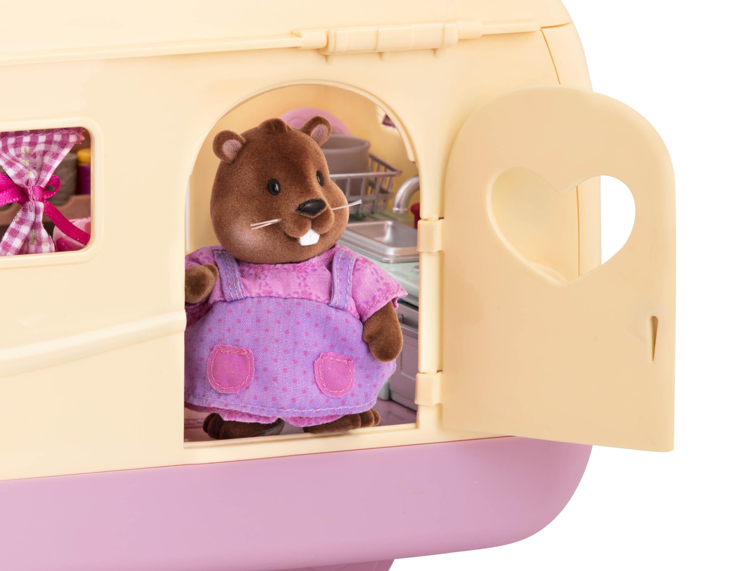 Li’l Woodzeez – Happy Camper Pink with Detachable Toy Vehicle – 40 Pcs Dollhouse Playset Including Furnitures, Play Food & Kitchen Accessories for Kids Age 3+ – Doll Figures Sold Seperately