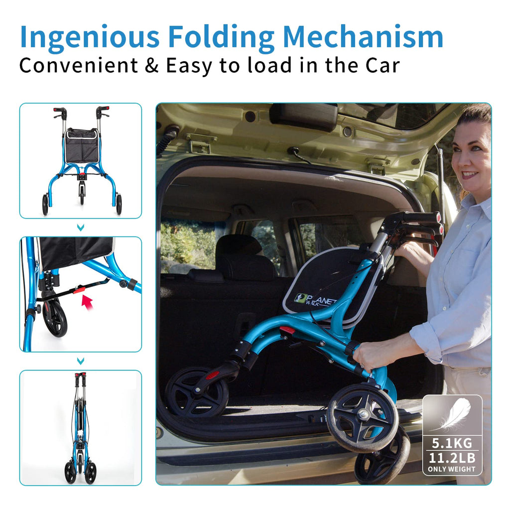 Planetwalk Premium 3 Wheel Rollator Walker for Seniors - Ultra Lightweight Foldable Walker