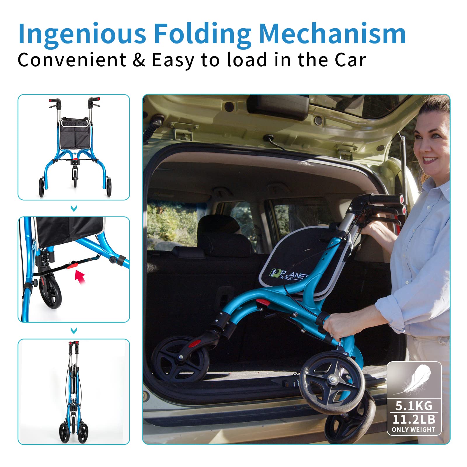 Planetwalk Premium 3 Wheel Rollator Walker for Seniors - Ultra Lightweight Foldable Walker