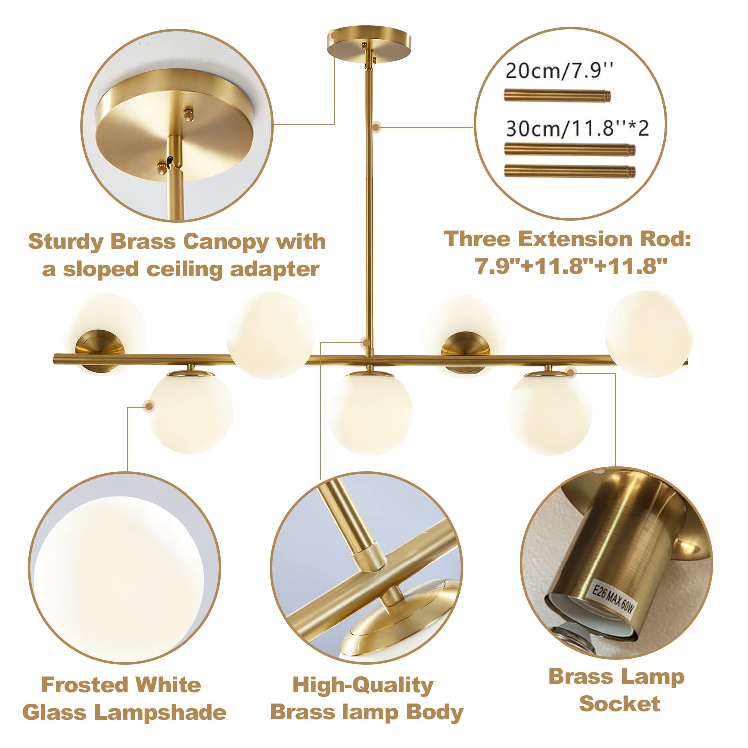 KCO Lighting Modern Brass Linear Chandelier Pendant Light, Gold and White