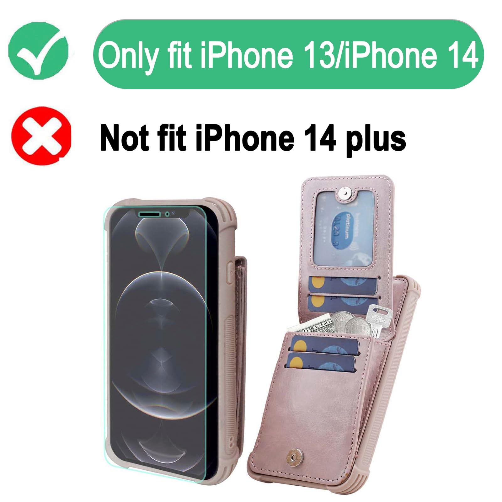 VANAVAGY Compatible for iPhone 13/14 Wallet Case for Women and Men, Salmon Pink