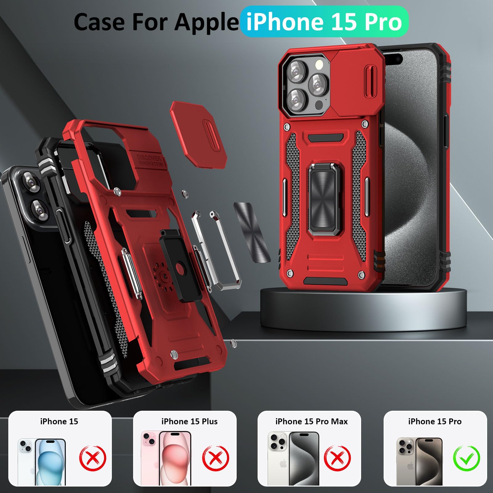 جراب UKLCCU لهاتف iPhone 15 Pro جراب iPhone 15 Pro مع غطاء كاميرا منزلق وحامل مدمج يدور 360 درجة لهاتف iPhone 15 Pro - أحمر