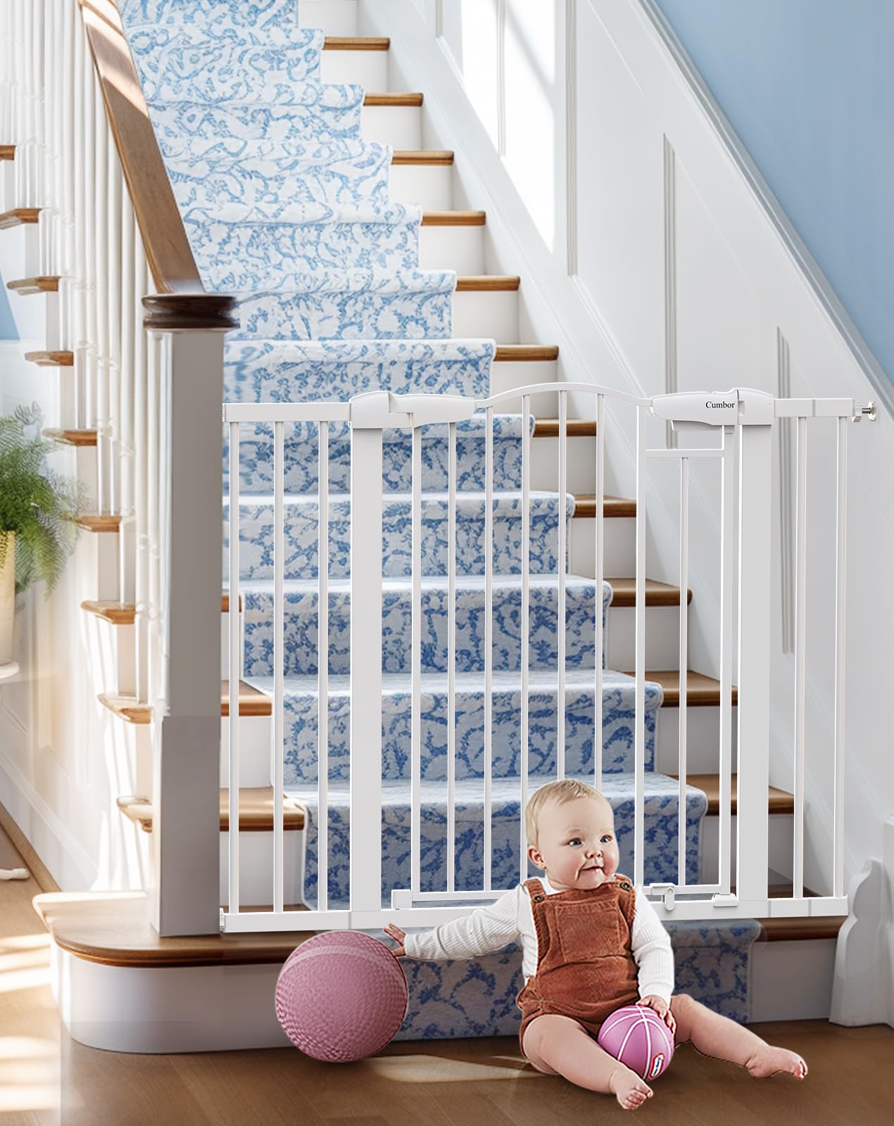 Cumbor 75-116 cm Arched Decor Baby Gate for Stairs No Drill, Mom's Choice Awards Winne, White , 78 cm Tall