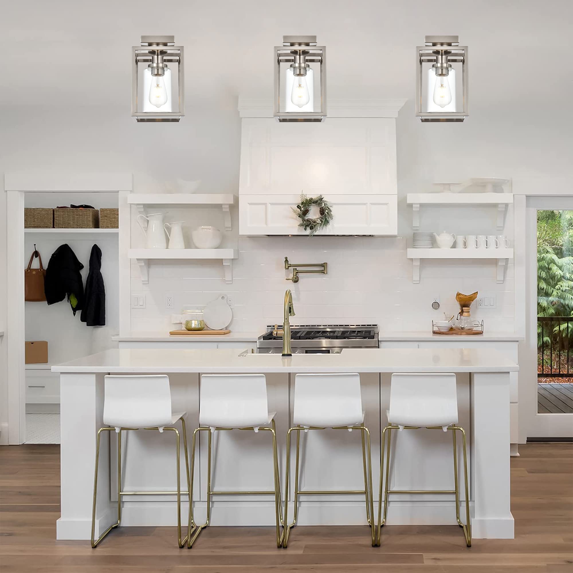 MELUCEE Semi Flush Mount Ceiling Light Brushed Nickel Finish, 1-Light Industrial Island Light Geometric Metal Cage Farmhouse Ceiling Light Fixture for Entryway Porch Bedroom Dining Room