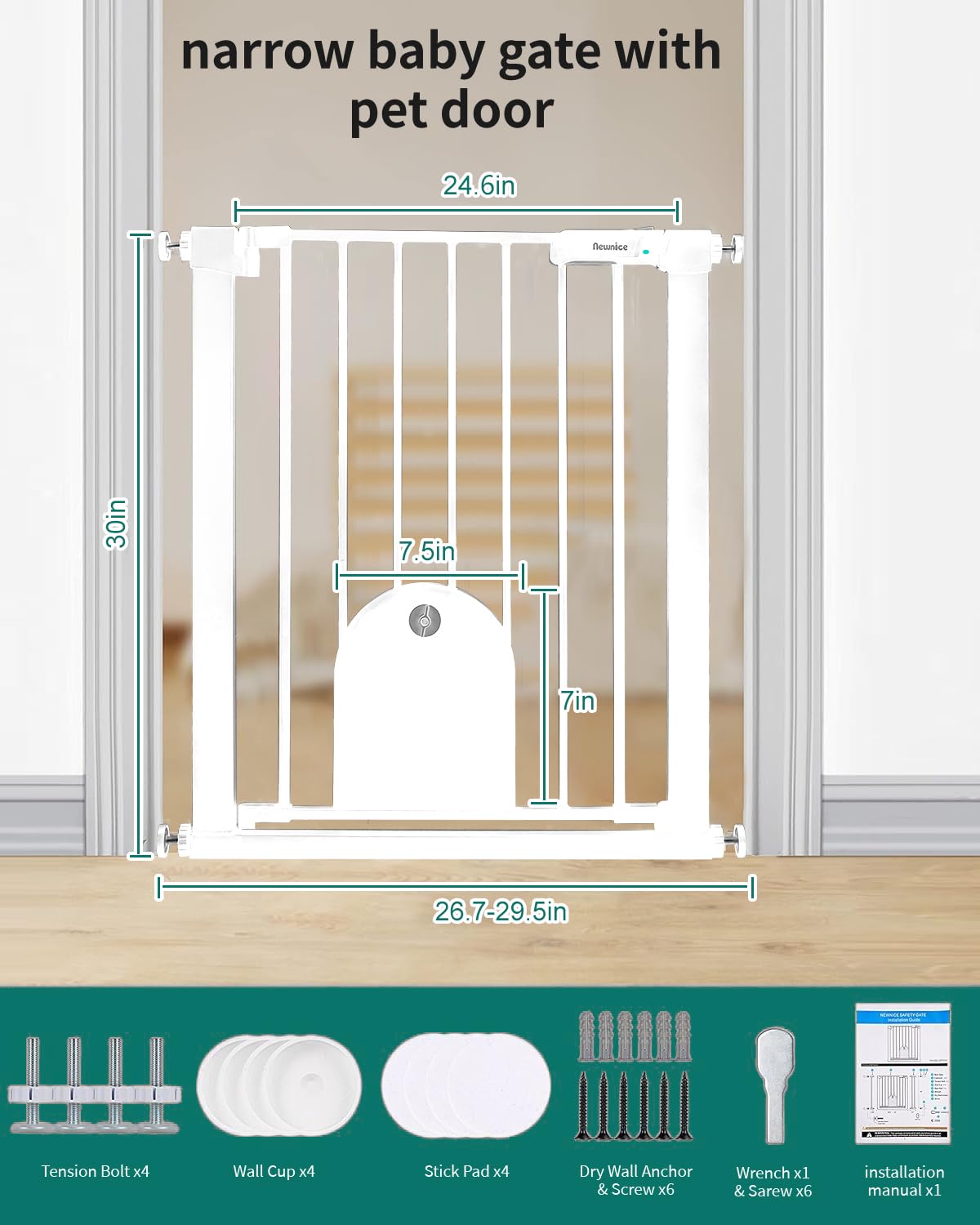 Newnice 26-29'' Narrow Baby Gate with Cat Door, Auto Close & Easy Walk Thru Dog Pet Gates for Stairs, Doorway, House, Pressure Mounted Safety Child Gate Includes 4 Wall Cups, White