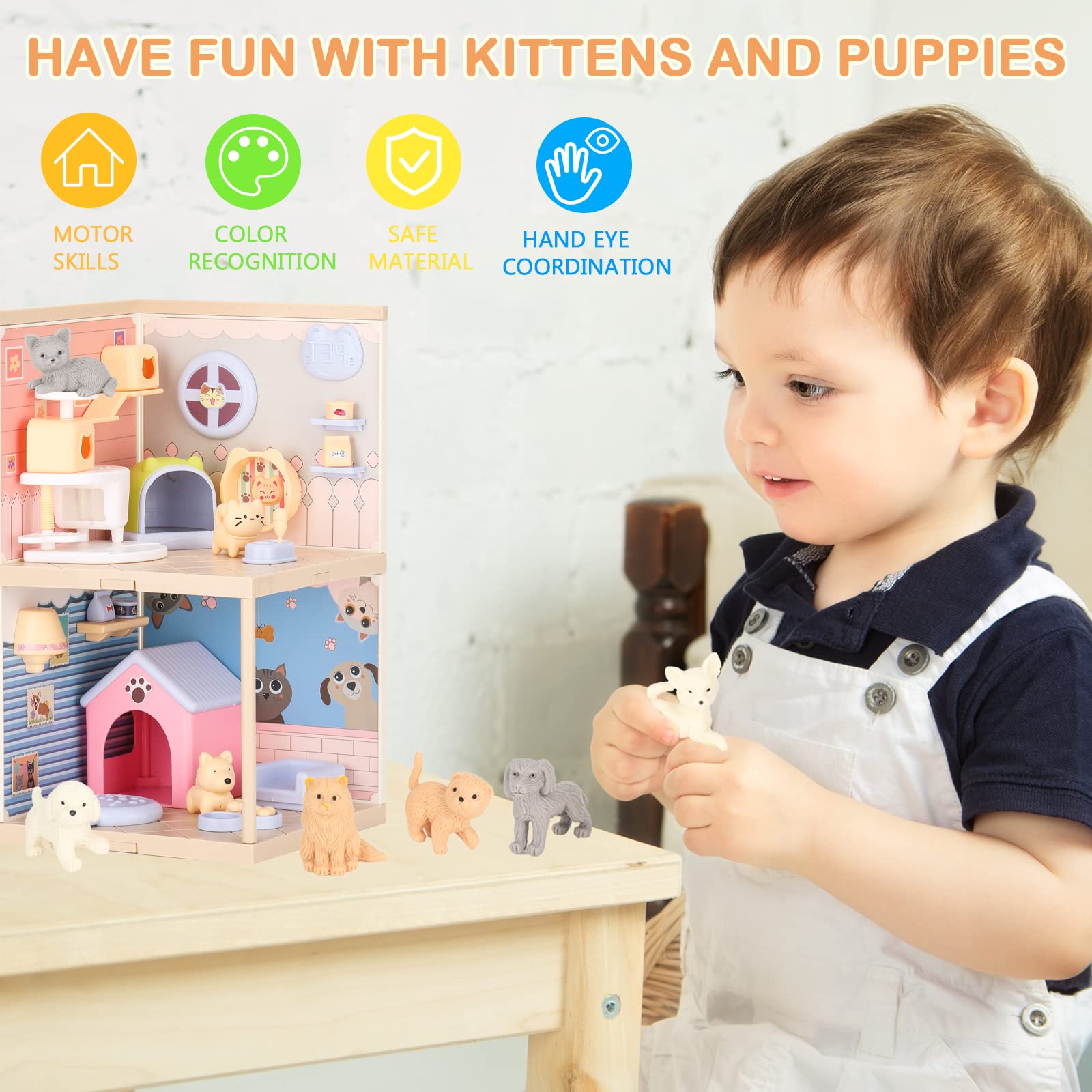 TQQFUN Pet Toys for Kids, STEM Toy 50 Pcs Cat and Dog Figures Playset, Pet Pretend Playset Toddlers Toys, Realistic Building Pet Care House, Educational Kitten Puppy Role Play for Boys and Girls