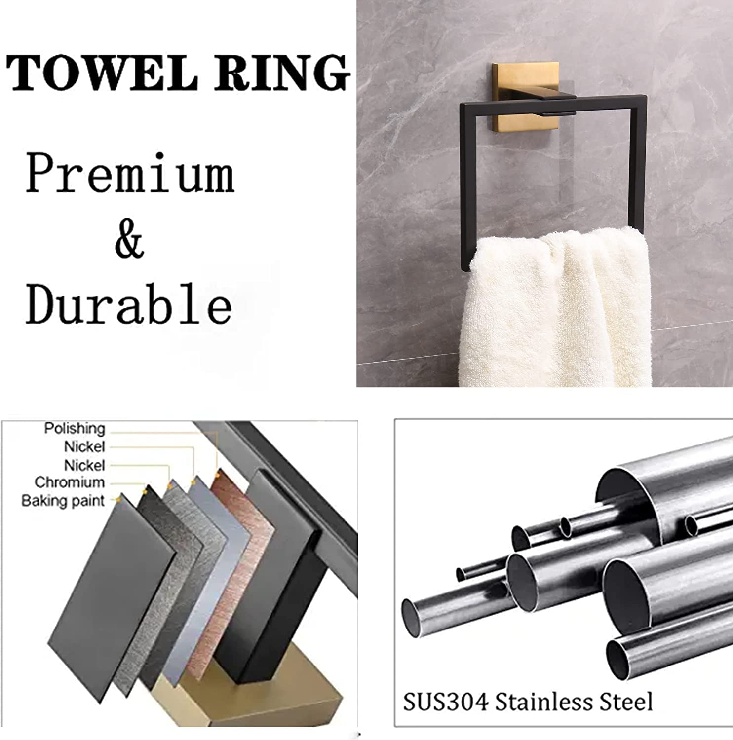 Ntipox 4 Pieces Black and Brushed Gold Bathroom Hardware Accessories Set,Stainless Steel Square 16" Hand Towel Bar Set Gold, Towel Rack Set Wall Mounted