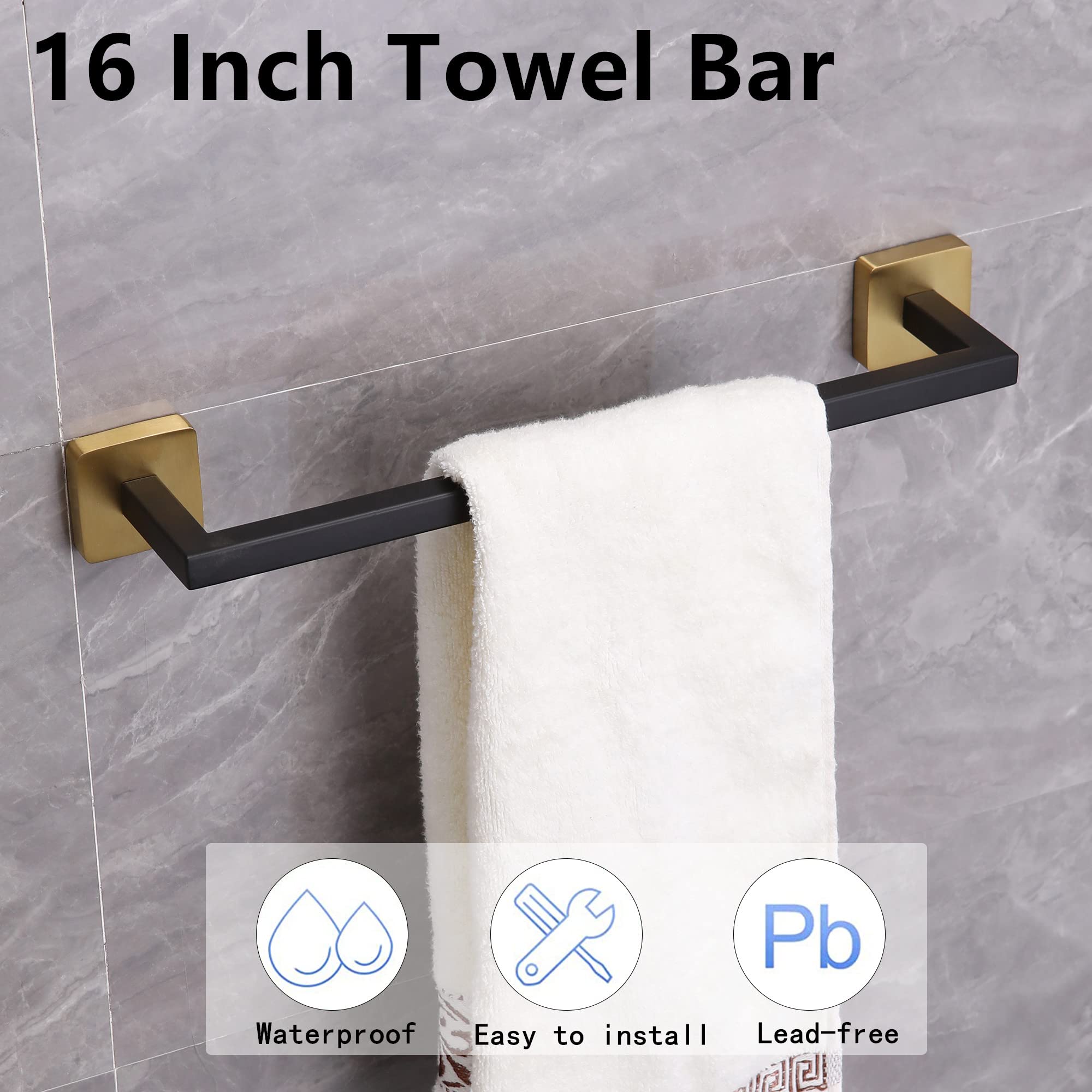Ntipox 4 Pieces Black and Brushed Gold Bathroom Hardware Accessories Set,Stainless Steel Square 16" Hand Towel Bar Set Gold, Towel Rack Set Wall Mounted