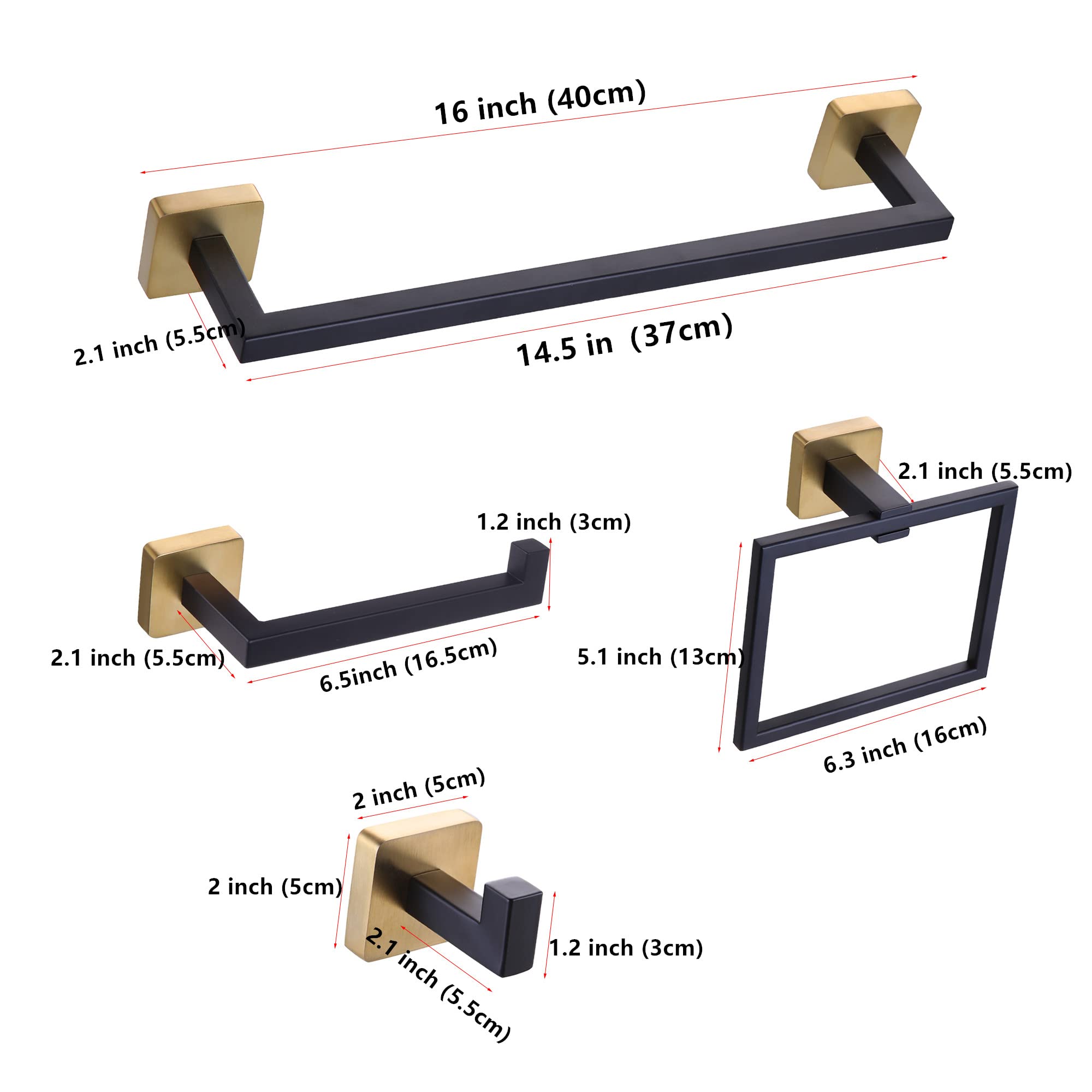 Ntipox 4 Pieces Black and Brushed Gold Bathroom Hardware Accessories Set,Stainless Steel Square 16" Hand Towel Bar Set Gold, Towel Rack Set Wall Mounted