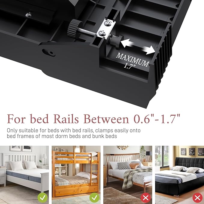 SOLEJAZZ Bedside Shelf for Bed, Foldable Bunk Bed Shelf for Top Bunk Clip On Nightstand with Drawer, Hook, Cup & Cord Holder College Dorm Room Essential Table Caddy Tray Organizer Bedroom Shelf, Black